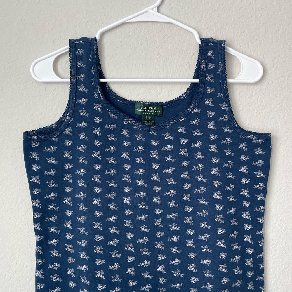 Lauren Ralph Lauren Navy Floral Ribbed Tank Top Petite Size M 100% Cotton